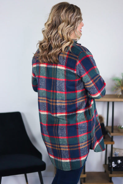 red blue and green flannel pattern holiday shacket 