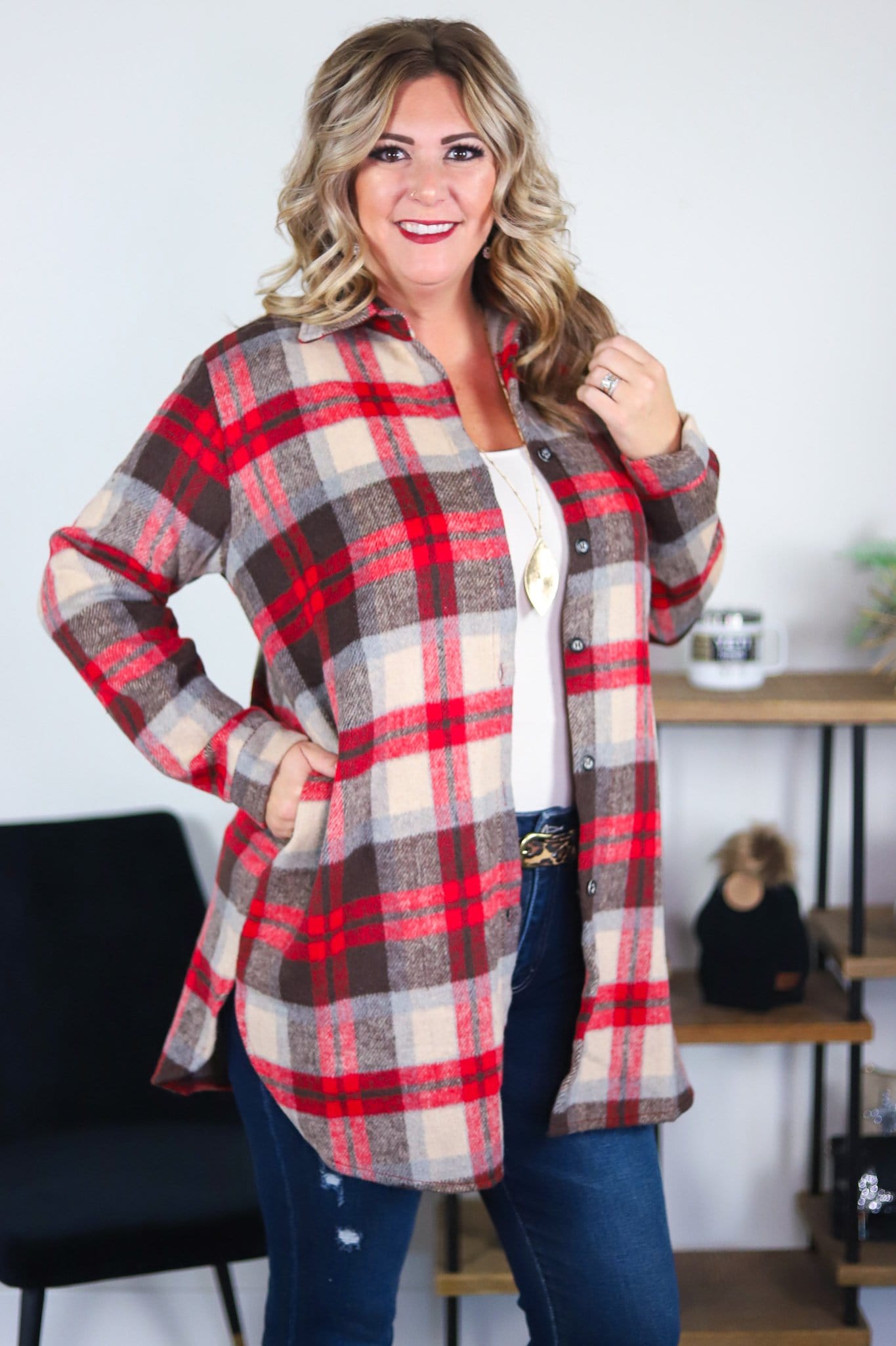 Ivory & Red Check Flannel Shacket