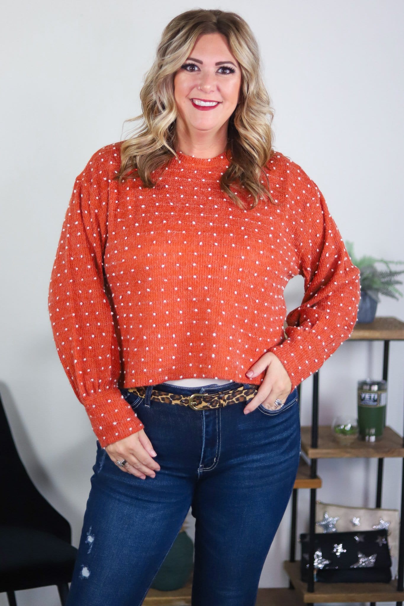 bright rust textured dotted sweater