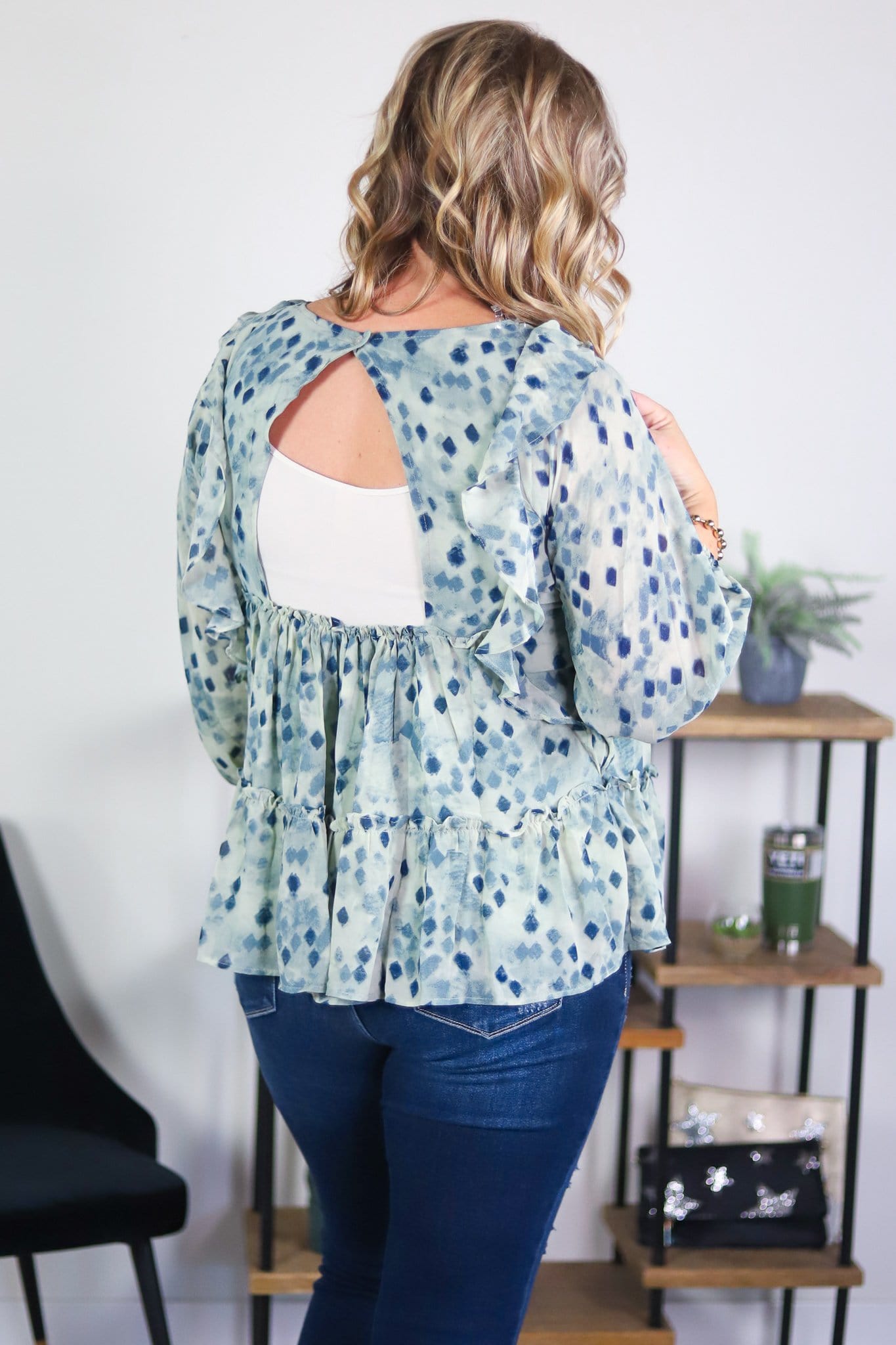 flowing watercolor blouse with cut out back