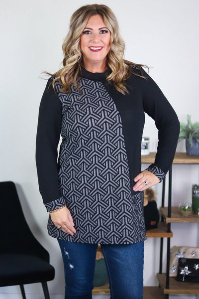 Black Geo Texture Cowl Neck Tunic