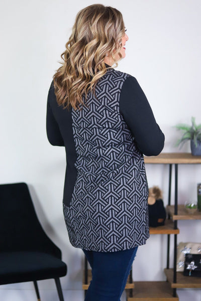Black Geo Texture Cowl Neck Tunic