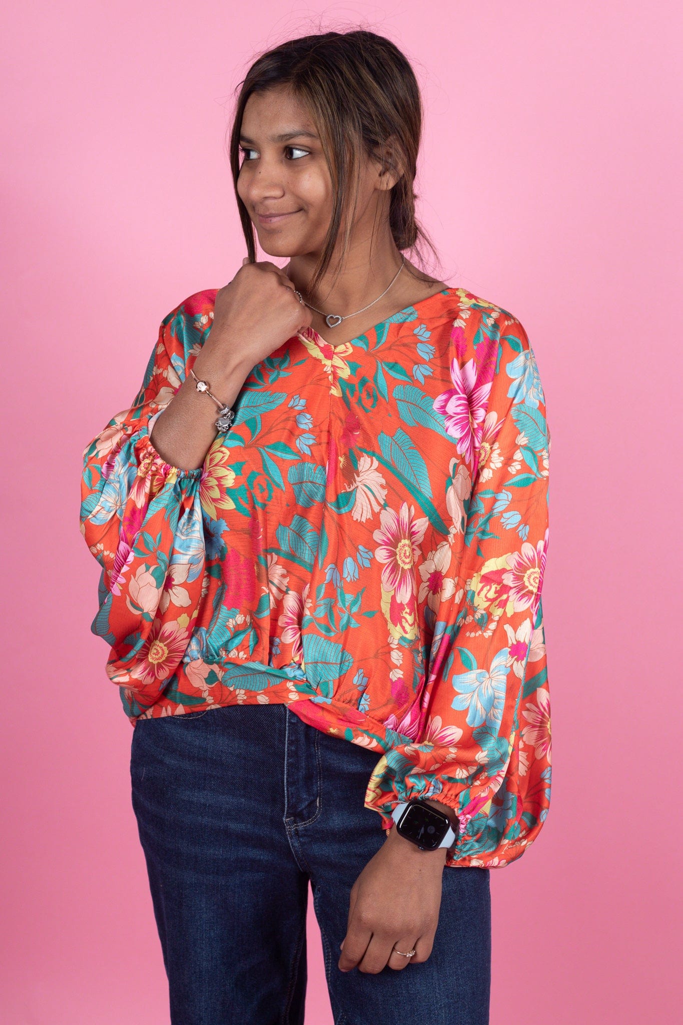 Tangerine Floral Cinch Bottom Top
