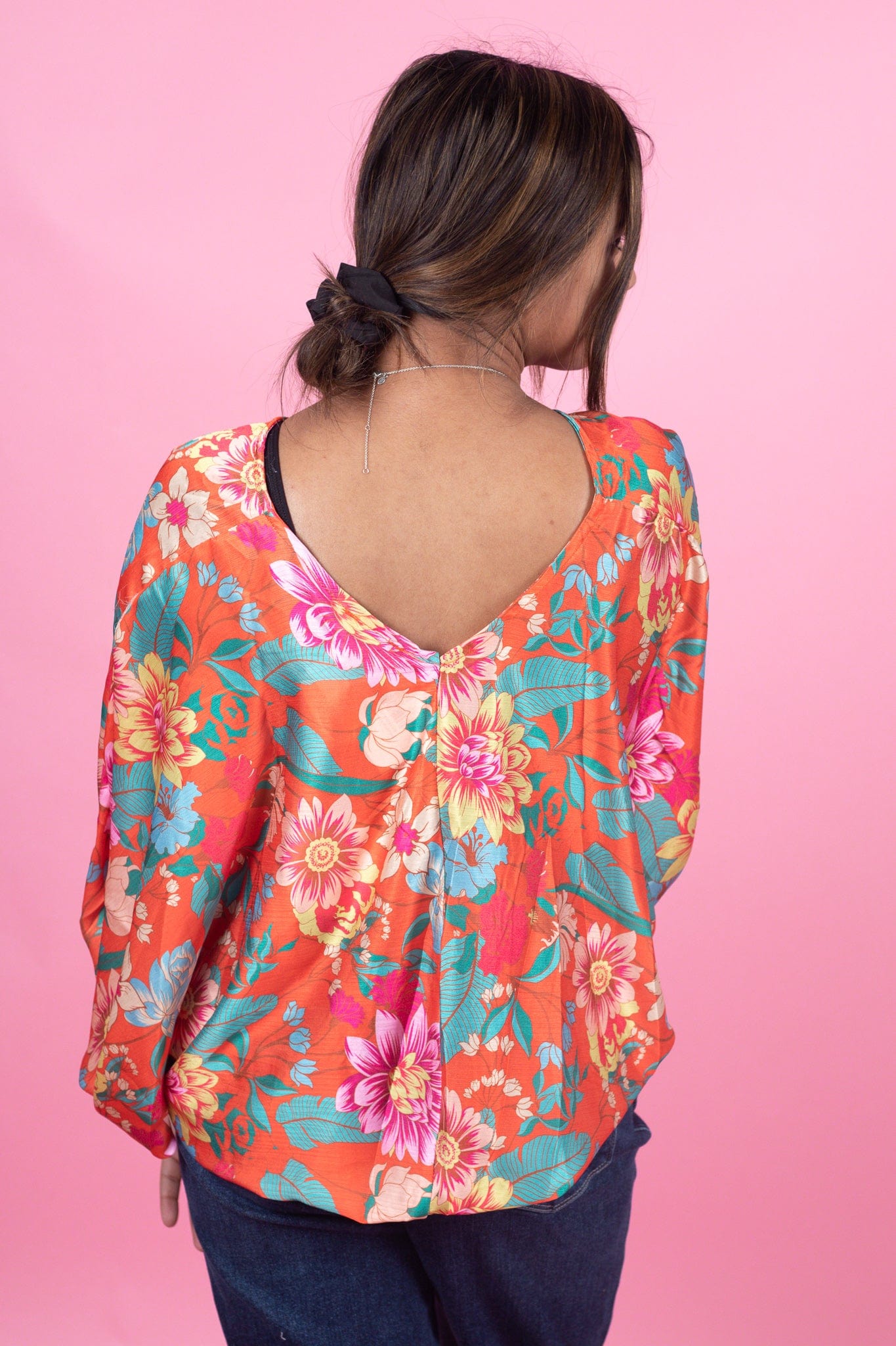 Tangerine Floral Cinch Bottom Top