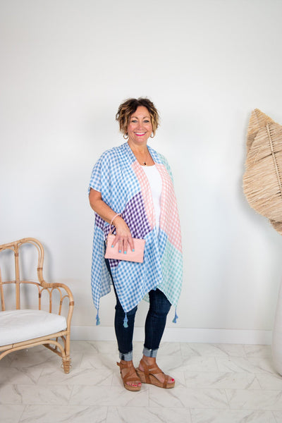 Pink Multi Color Gingham Kimono