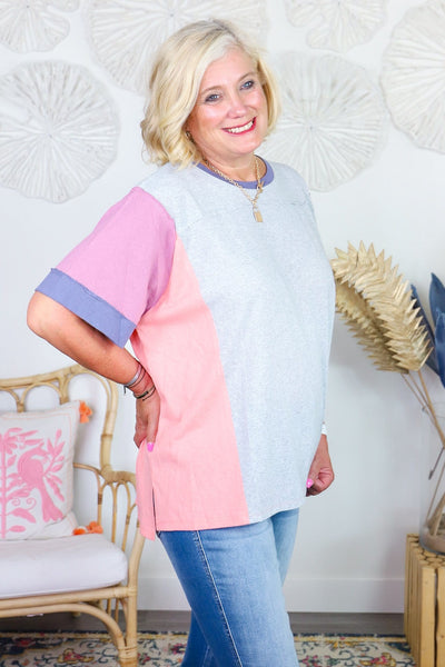 Grey Color Slub Colorblock Top