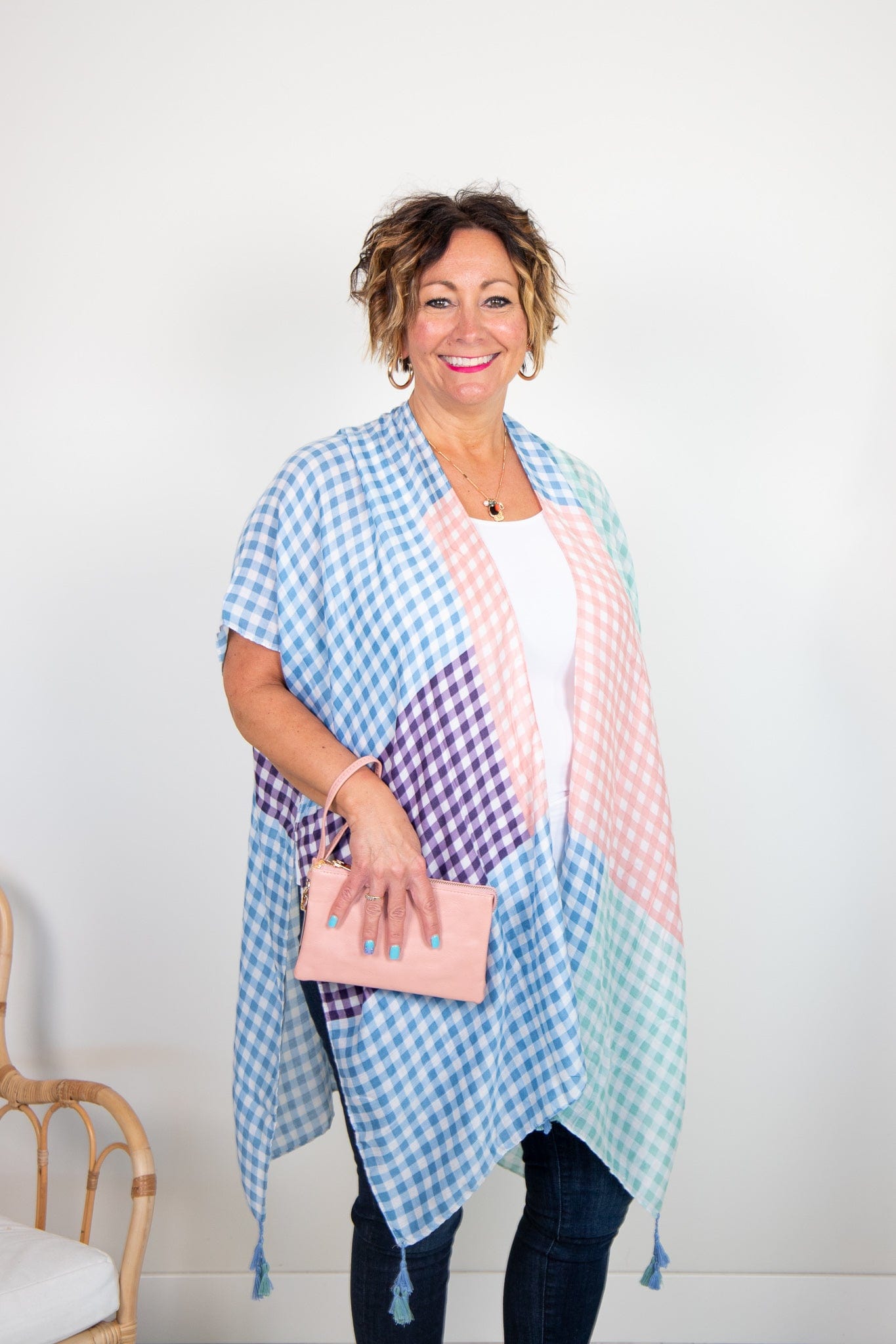 Pink Multi Color Gingham Kimono