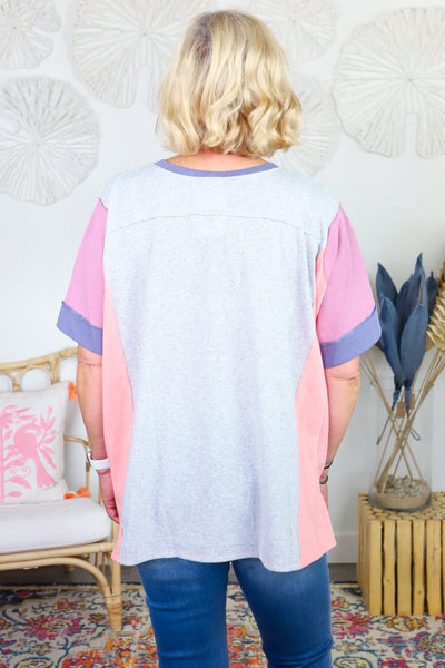 Grey Color Slub Colorblock Top