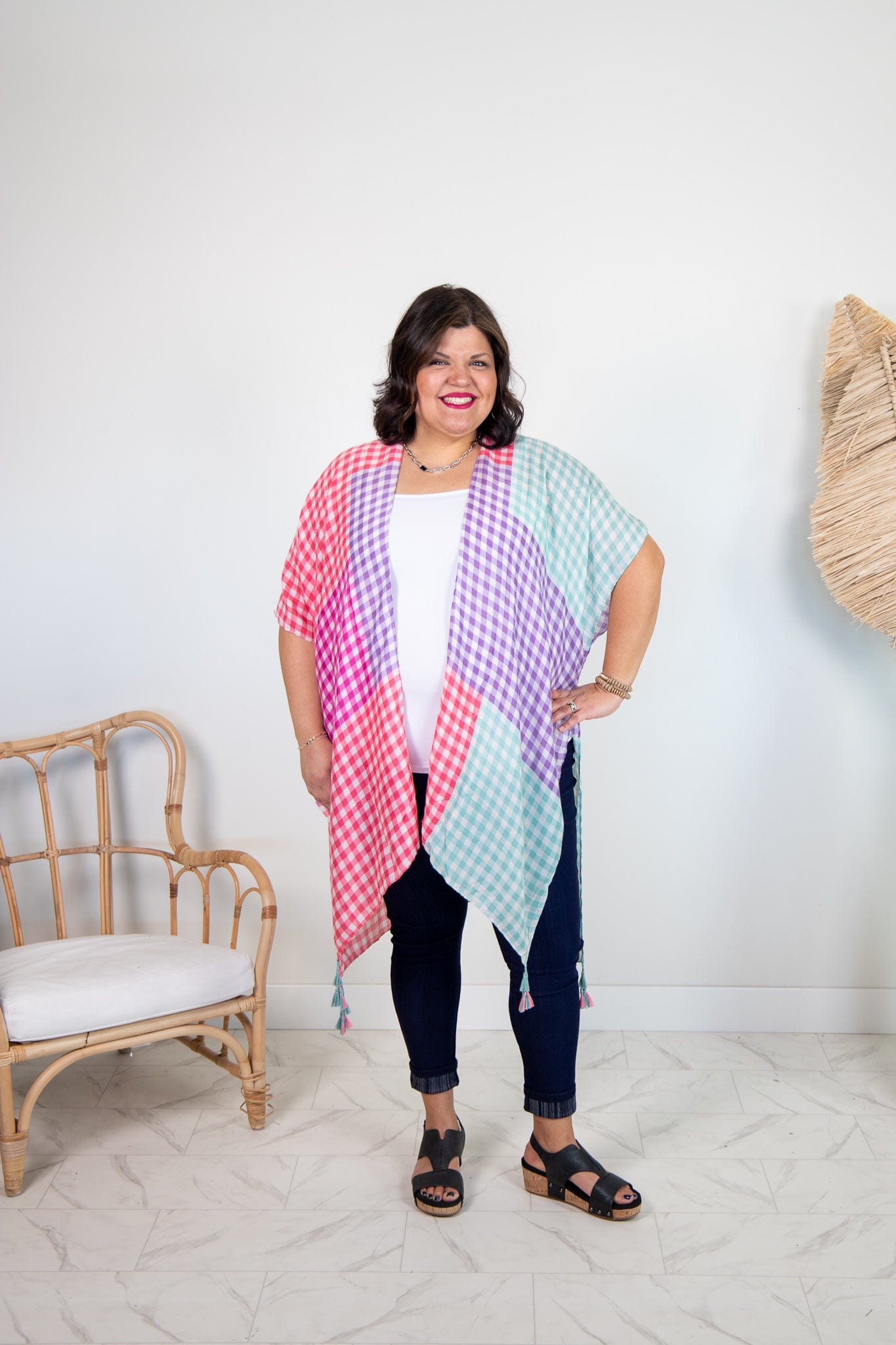 Purple Multi Color Gingham Kimono
