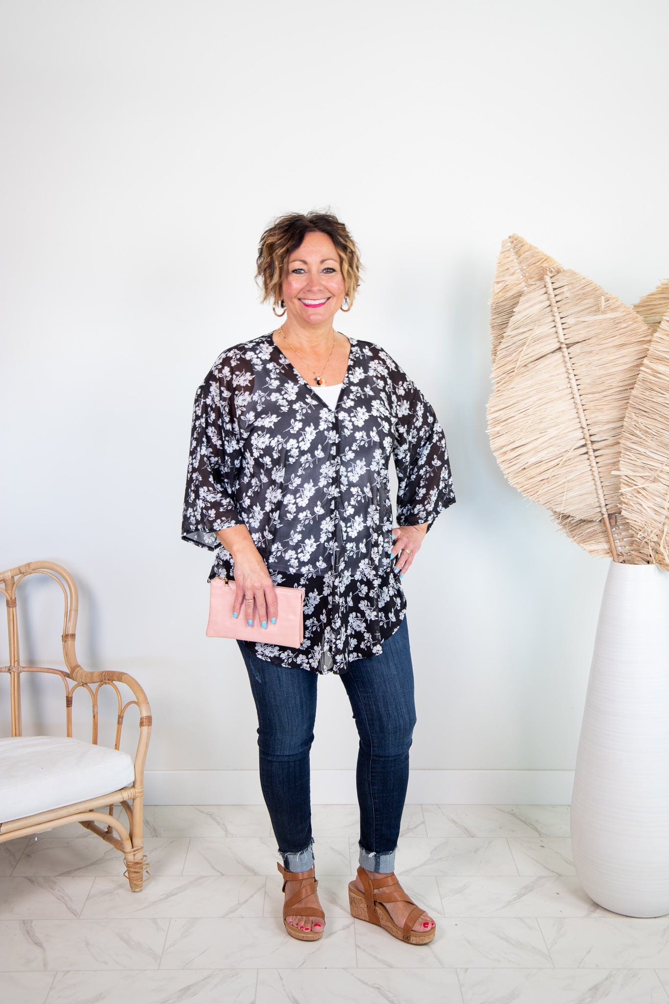 Black & White Floral Chiffon Popover