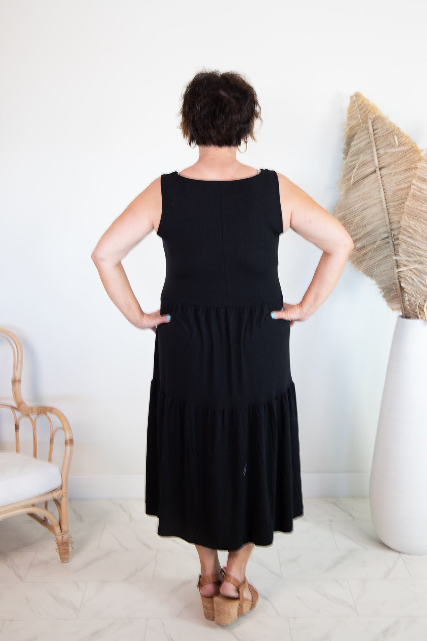 Black Tiered Knit Midi Dress
