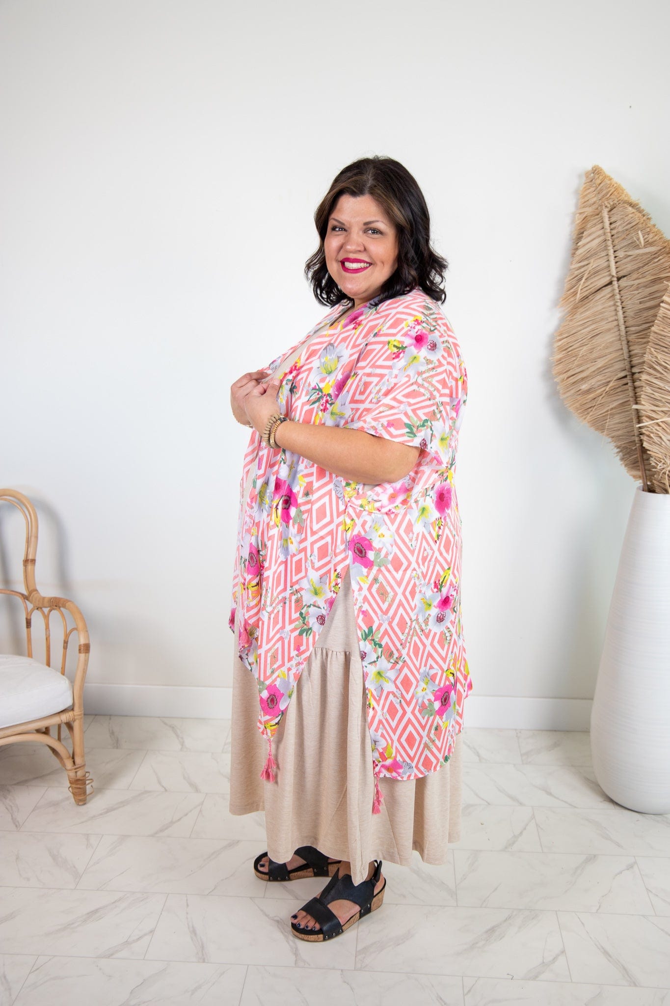 Coral Geo Floral Print Kimono