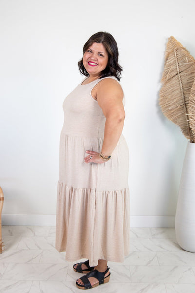 Heathered Beige Tiered Knit Midi Dress