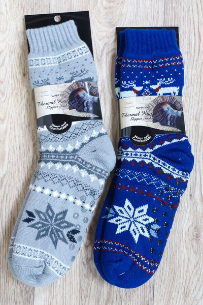light blue and bright blue winter pattern sock