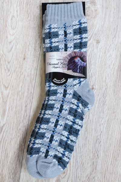 blue sock with plaid pattern