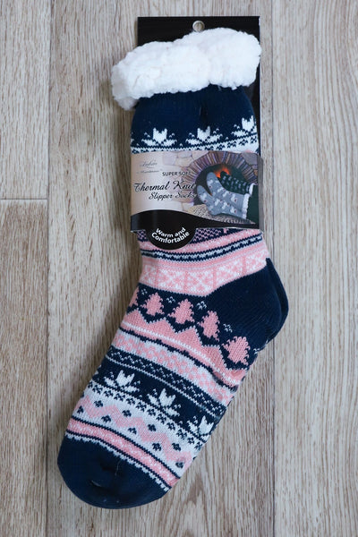 pink blue and white sherpa sock