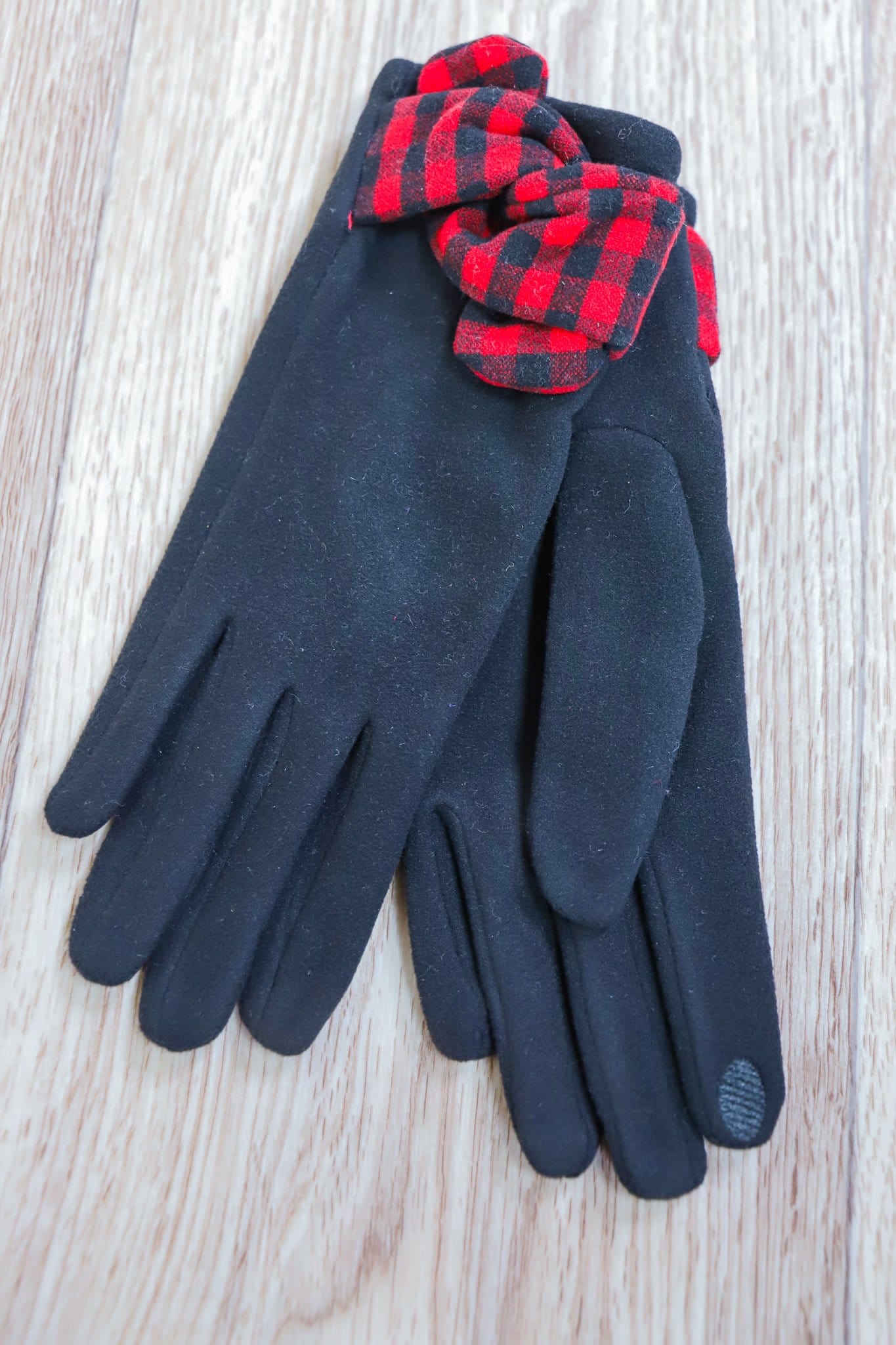 plain glove with red and black flannel wrist knot