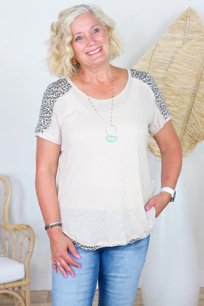 Linen Blend Animal Print Raw Hem Top