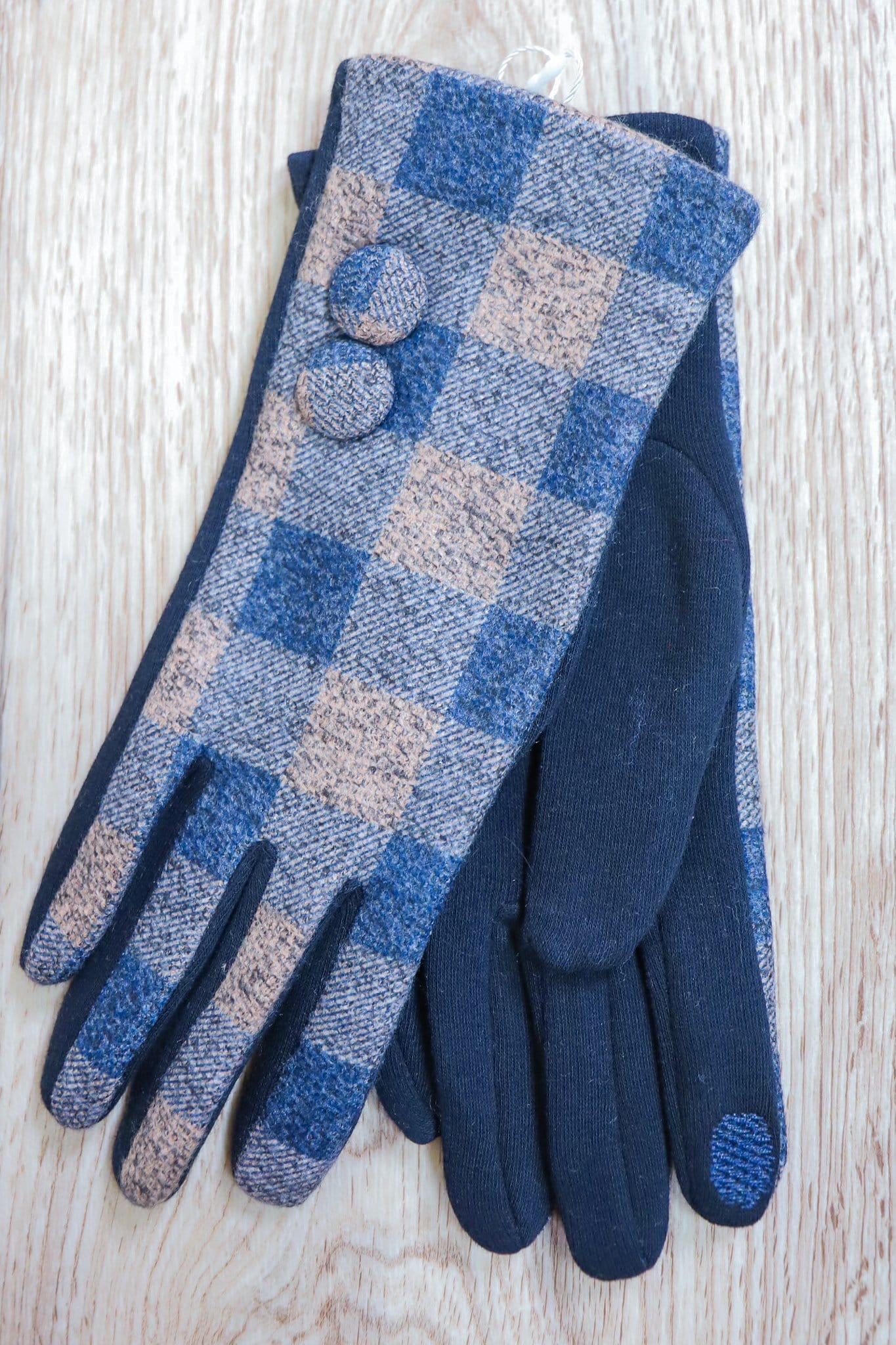 blue and grey flannel glove