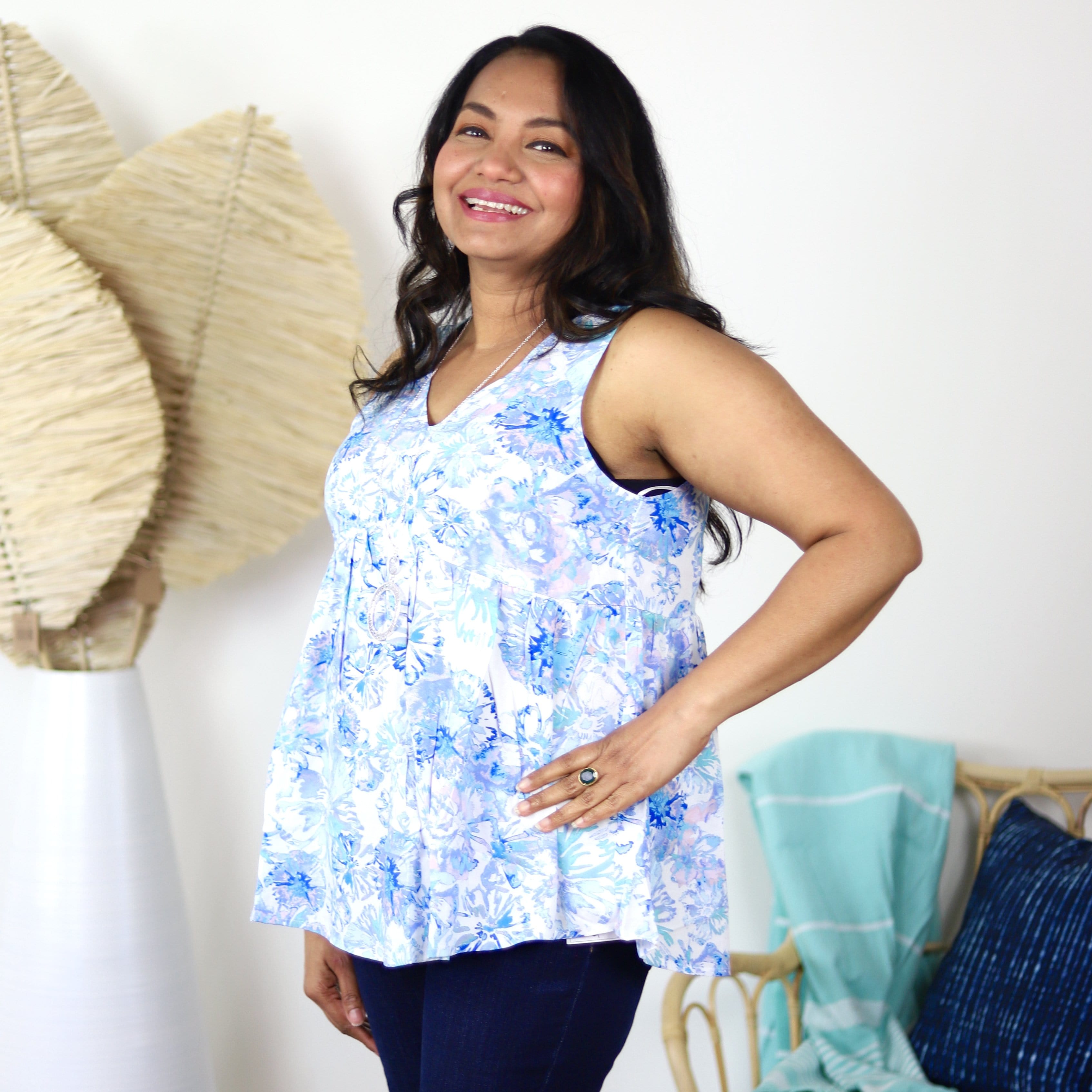 Blue Floral Sleeveless Babydoll Top