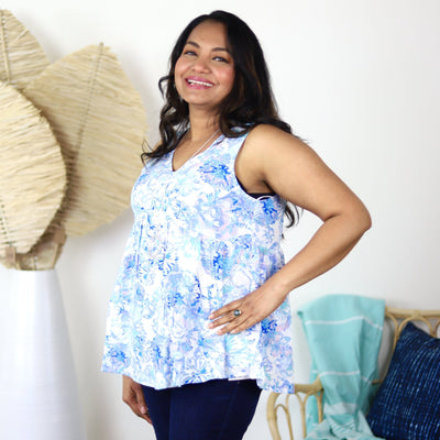Blue Floral Sleeveless Babydoll Top