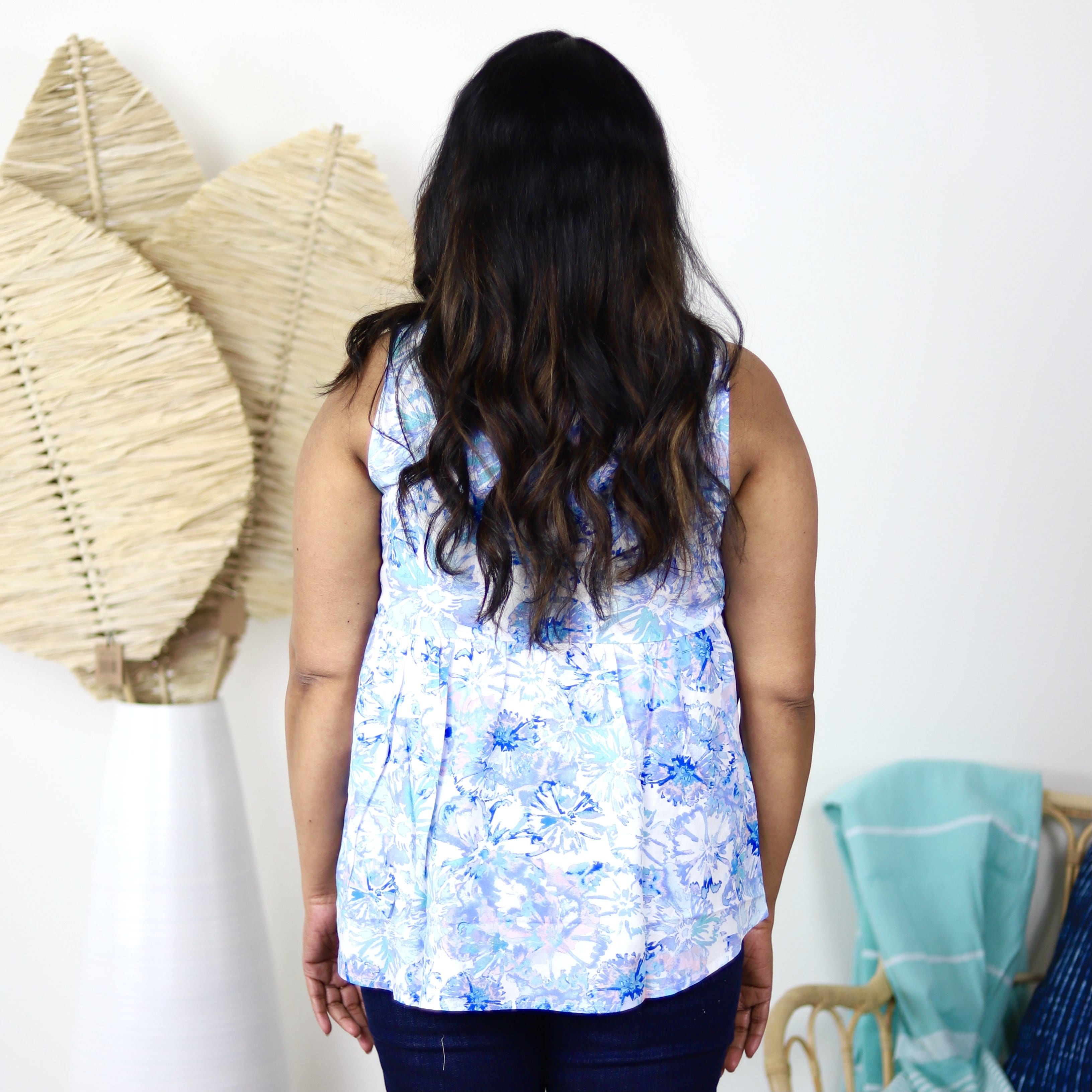 Blue Floral Sleeveless Babydoll Top
