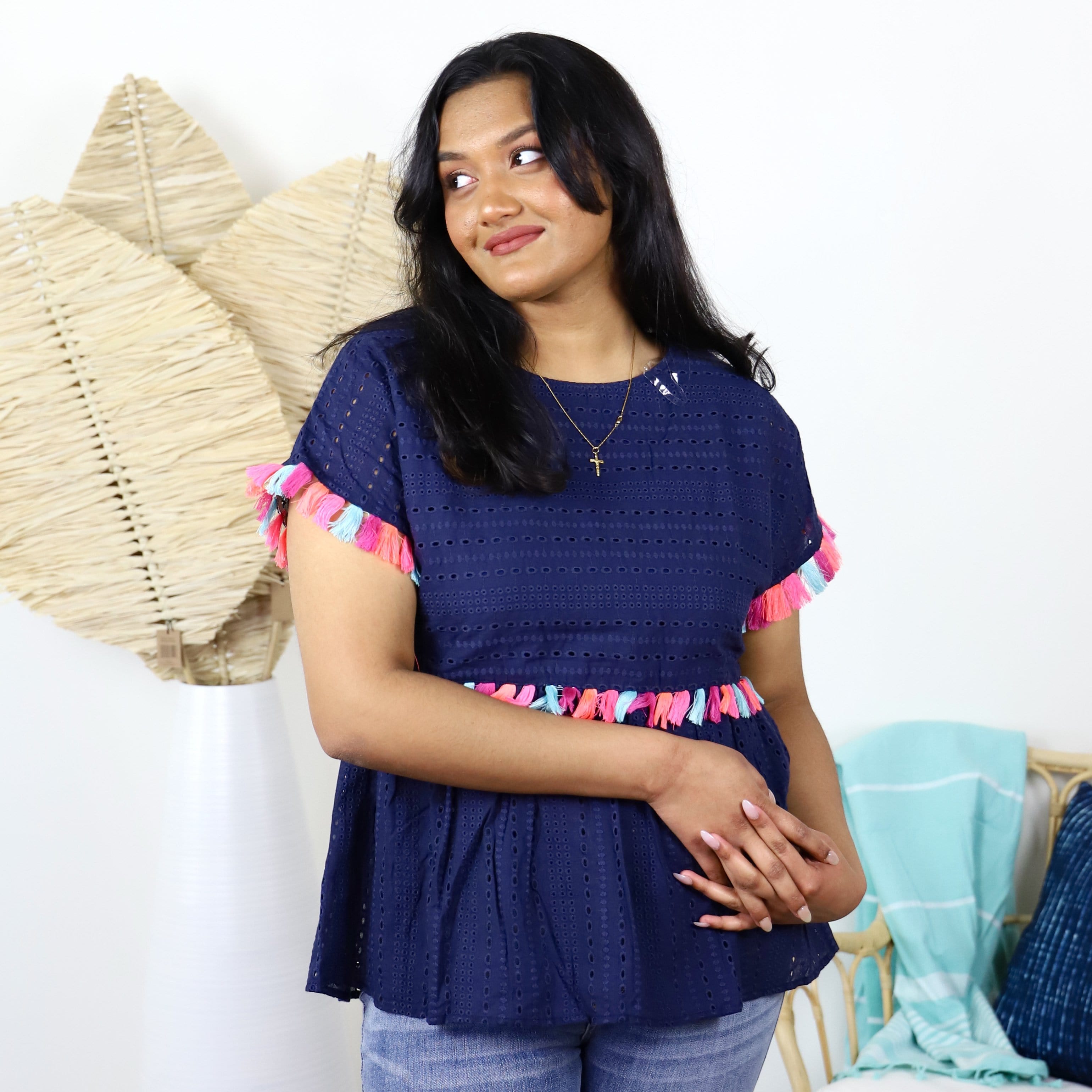 Navy Tassel Babydoll Top