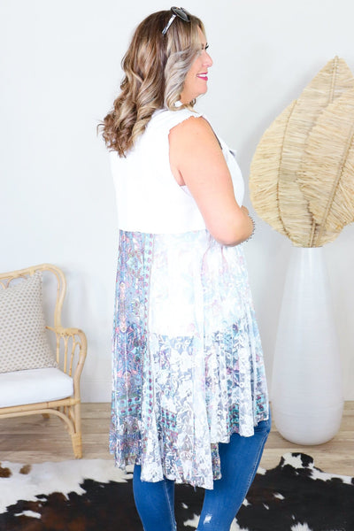 Ivory Denim Printed Lace Layer Vest