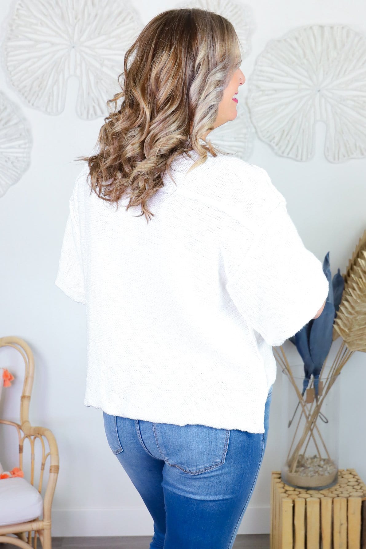 Off White Button Short Sleeve Knit Sweater
