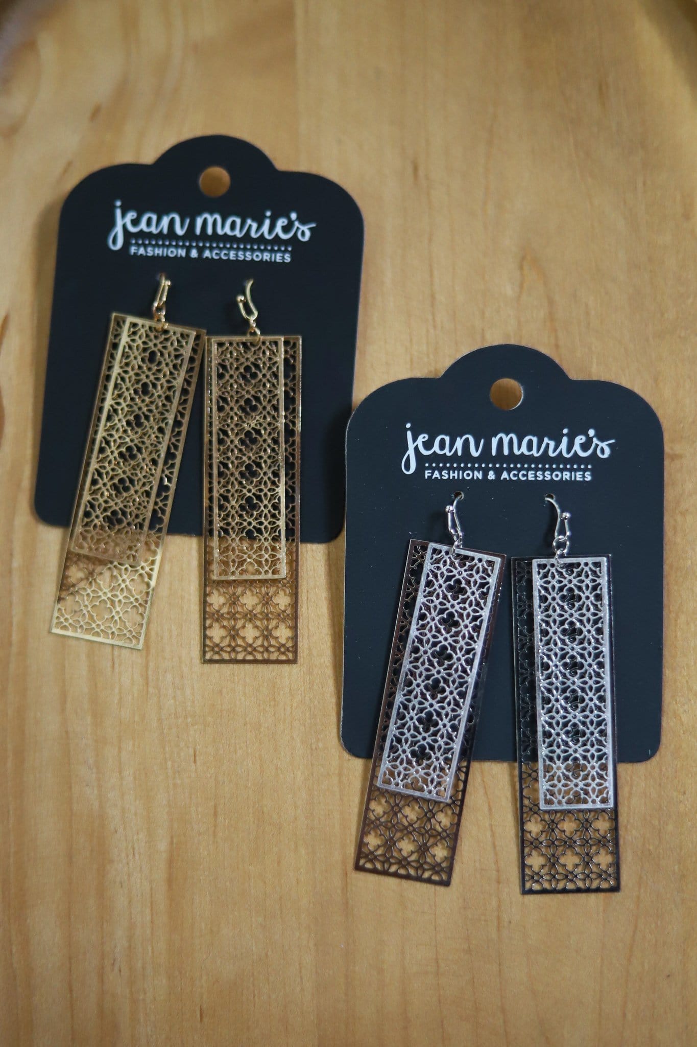 Silver gold and bronze geo earring 