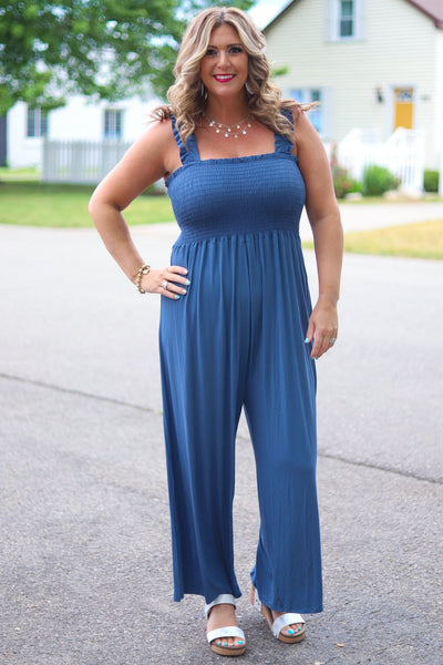 Denim Blue Smocked Jumpsuit