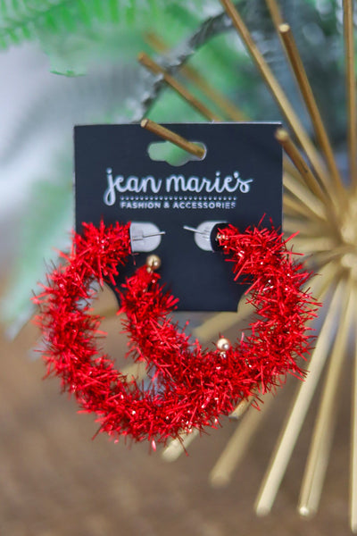 red tinsel hoop earring 