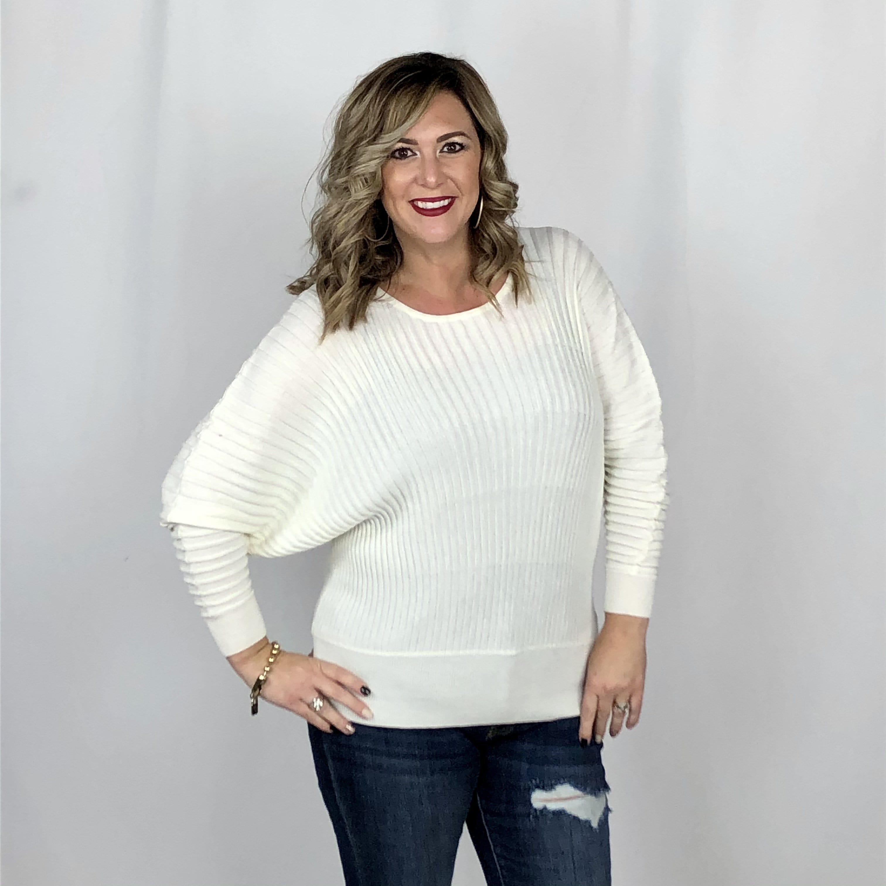 Cream Ribbed Dolman Sweater