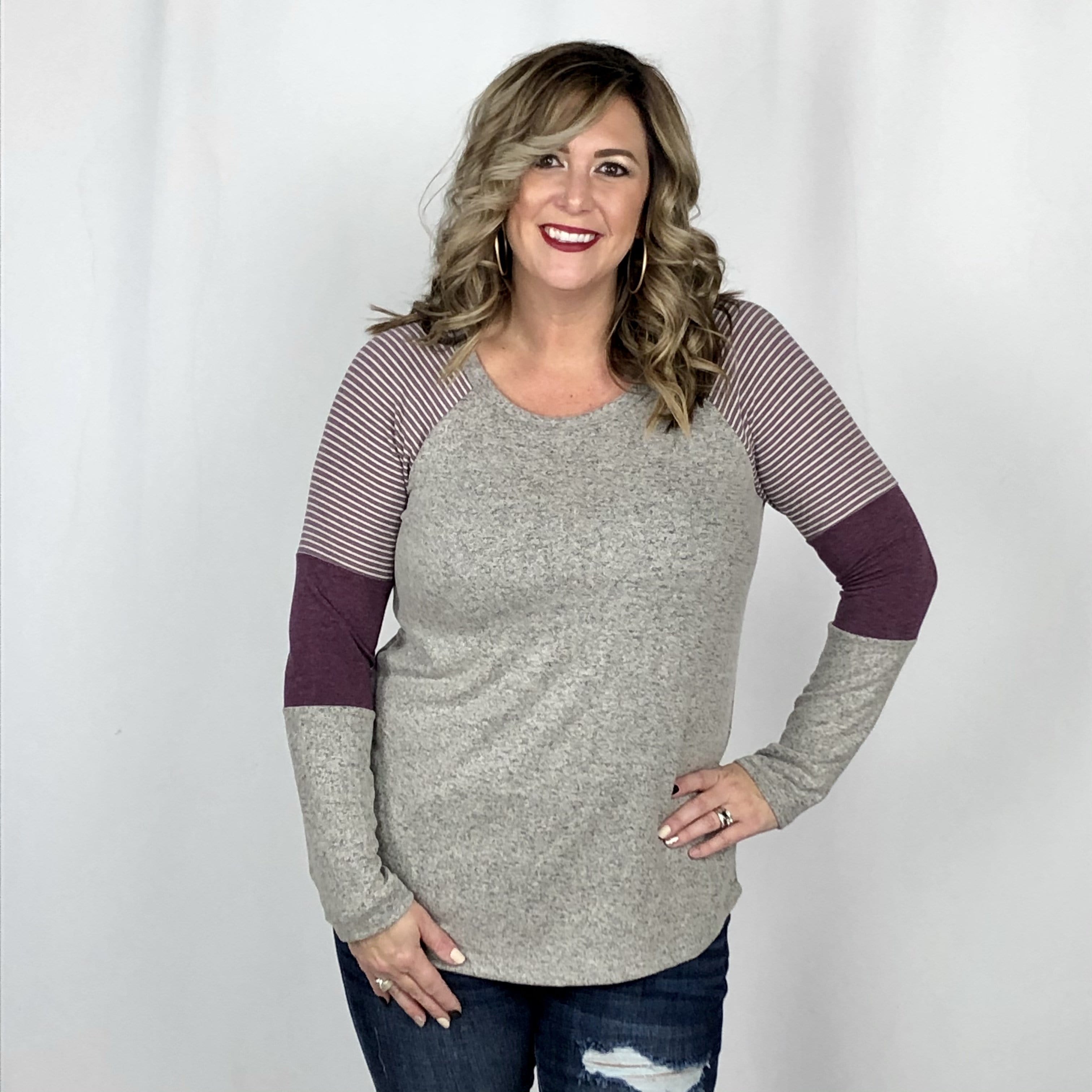 Berry Stripe Contrast Sleeve Top