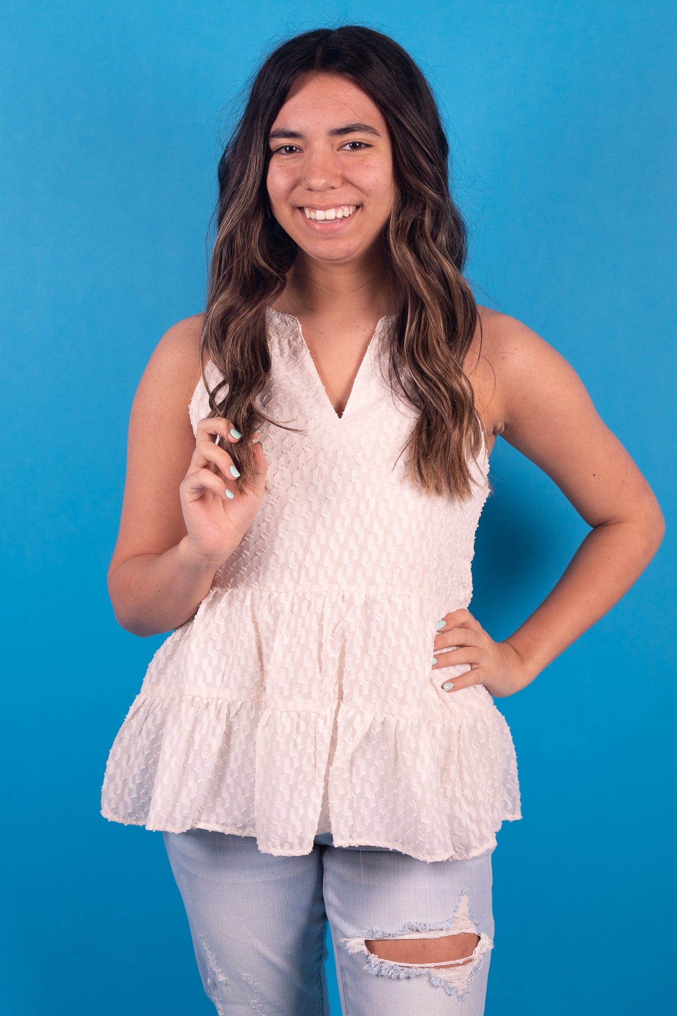 Ivory Textured Halter Ruffle Tank