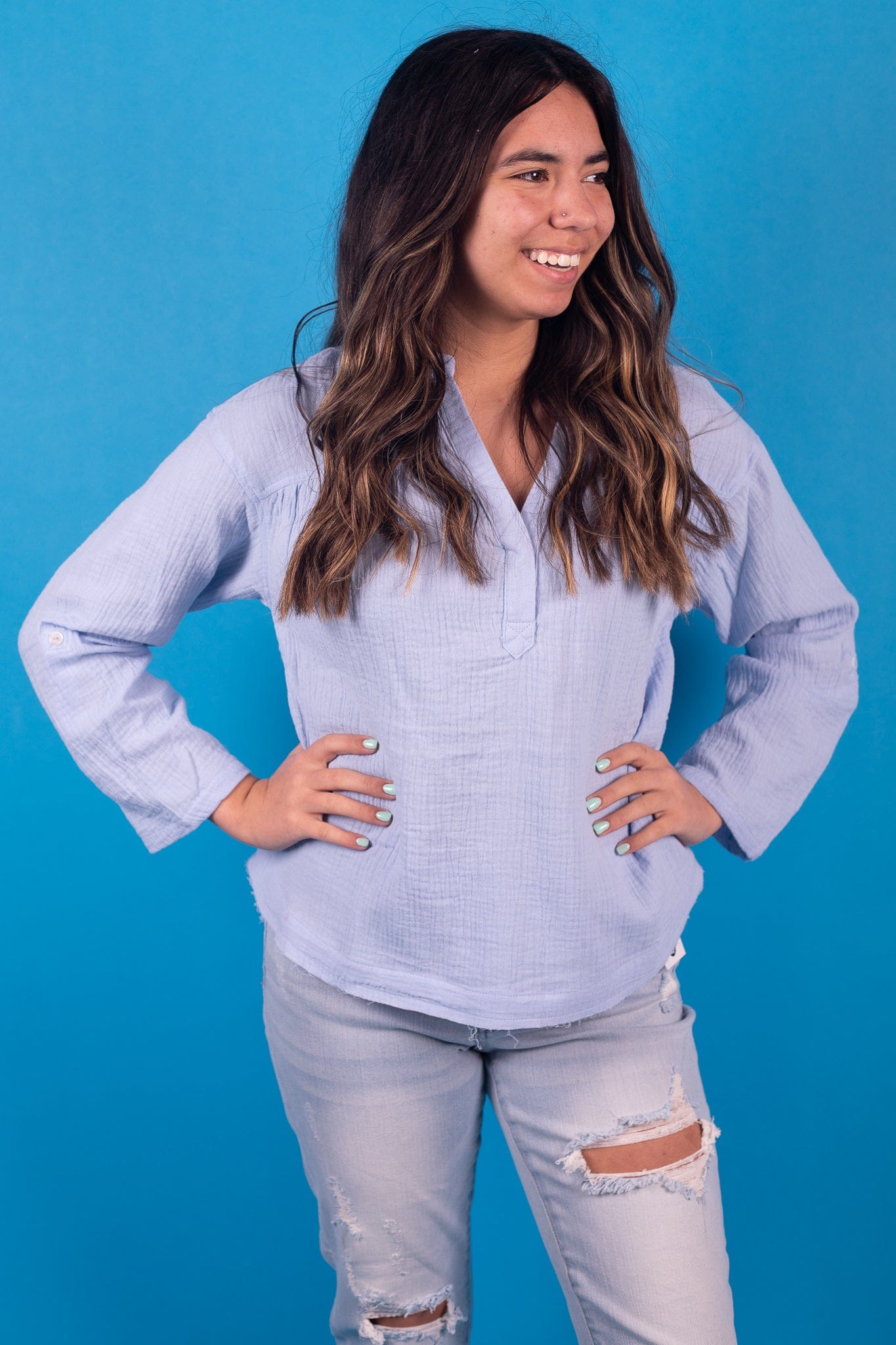 Sky 3/4 Sleeve Gauze Top