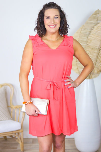 Ruffle Shoulder Belted Shift Dress
