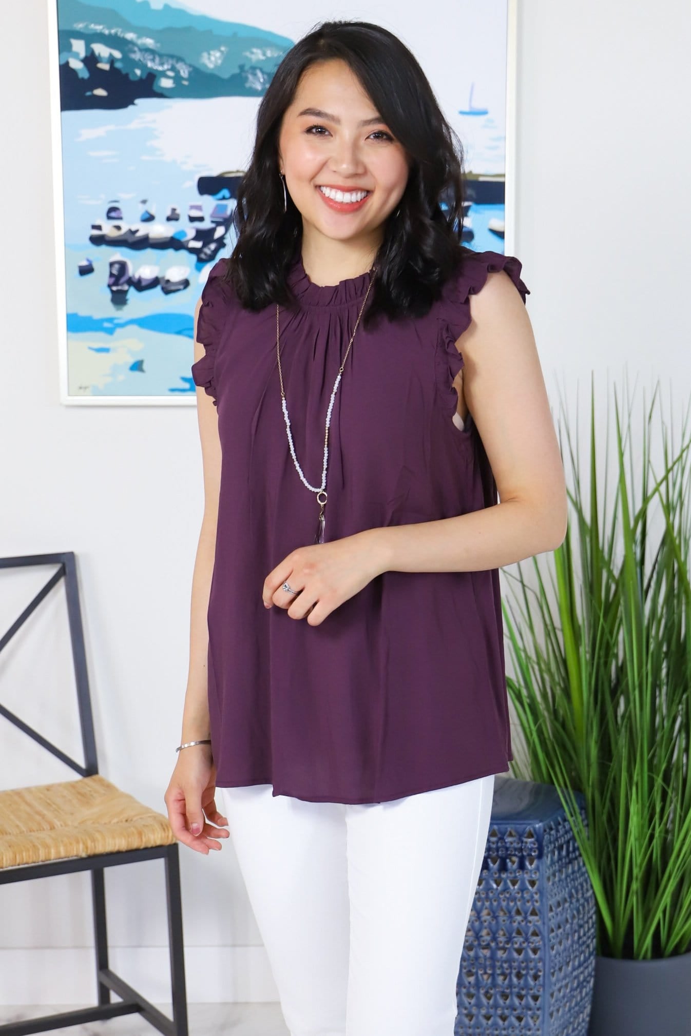 Plum Ruffle Cap Sleeve Blouse