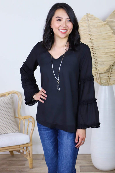 black ruffle sleeve blouse