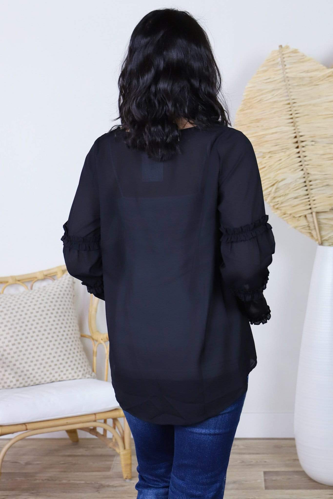 black ruffle sleeve blouse
