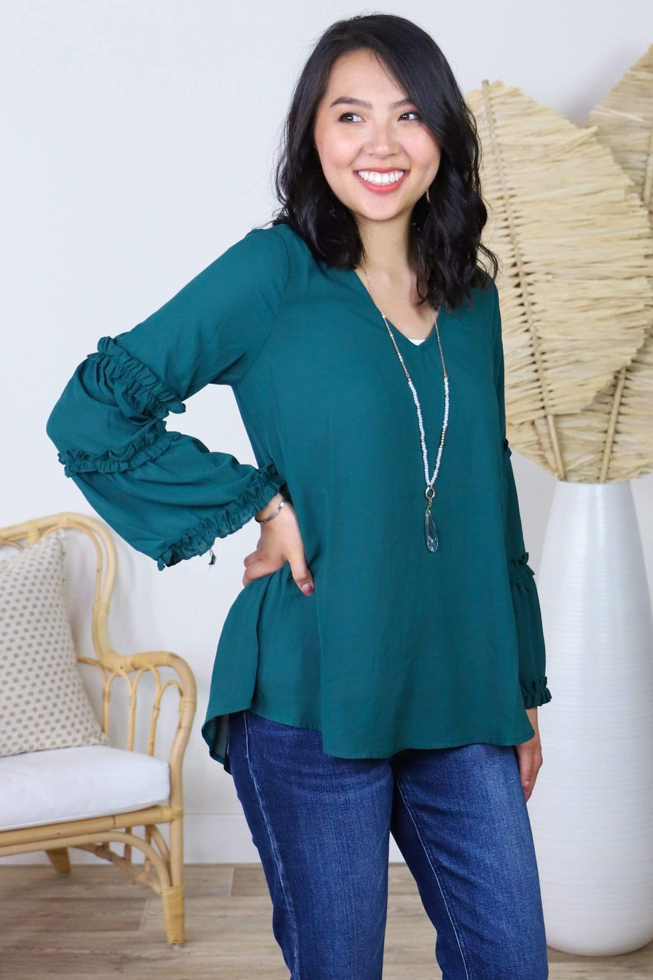 green ruffle sleeve blouse