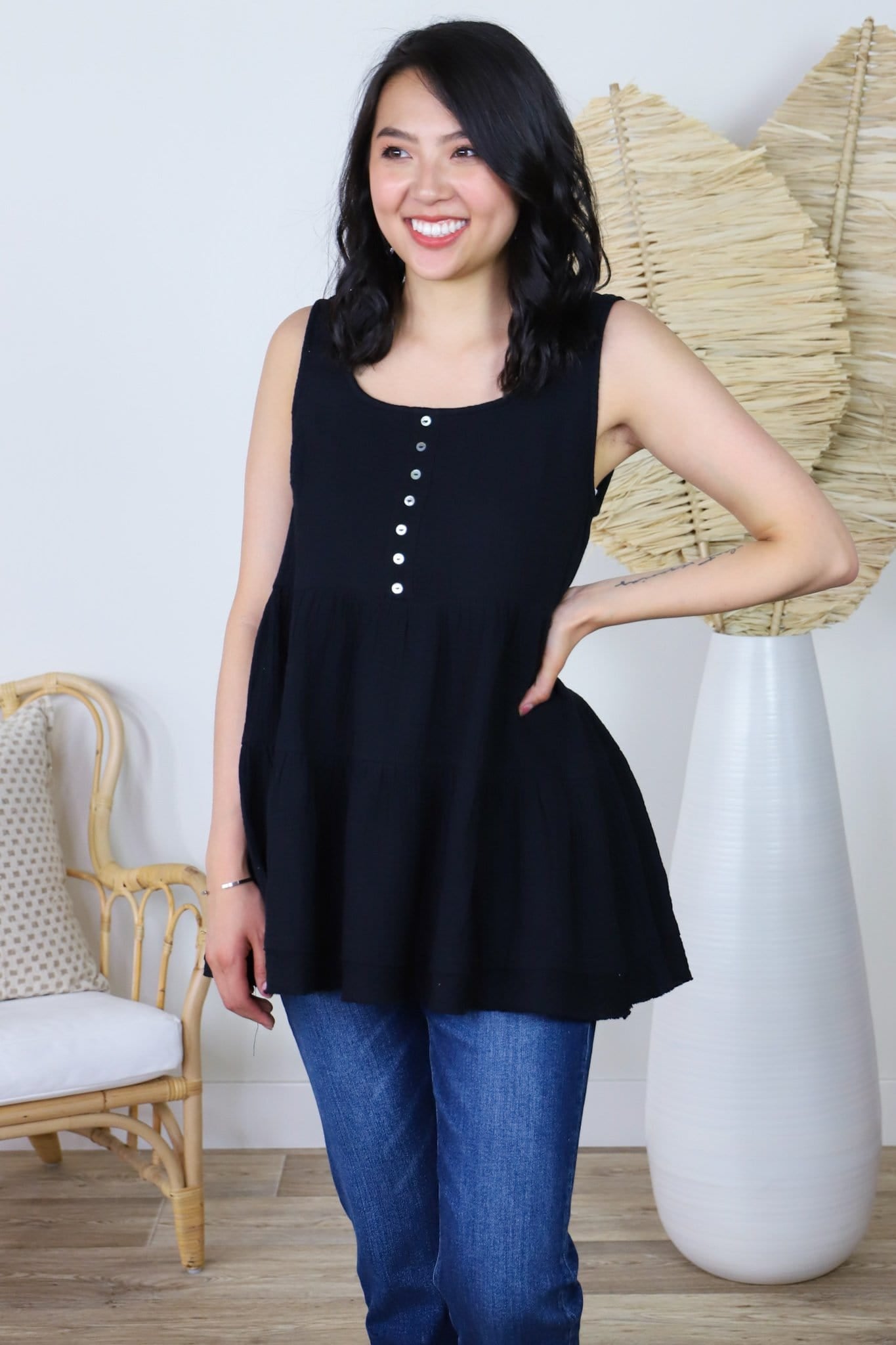 Black Babydoll Button Detail Tank