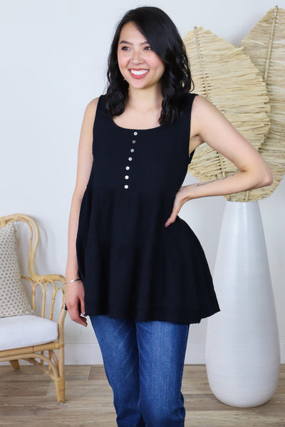 Black Babydoll Button Detail Tank