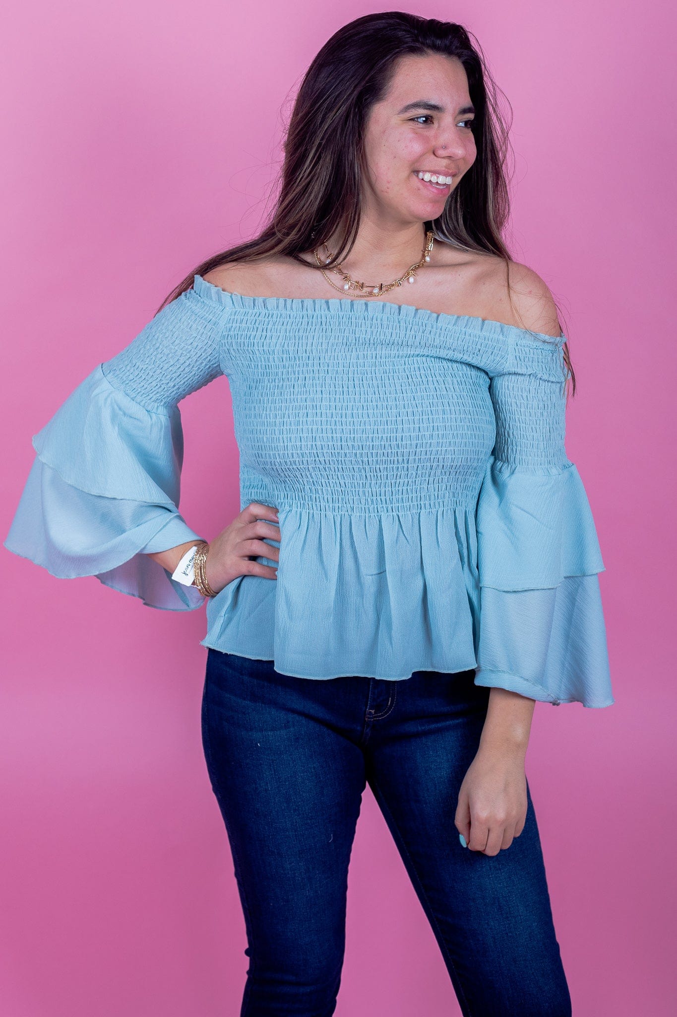 Sea Smocked Bell Sleeve Blouse