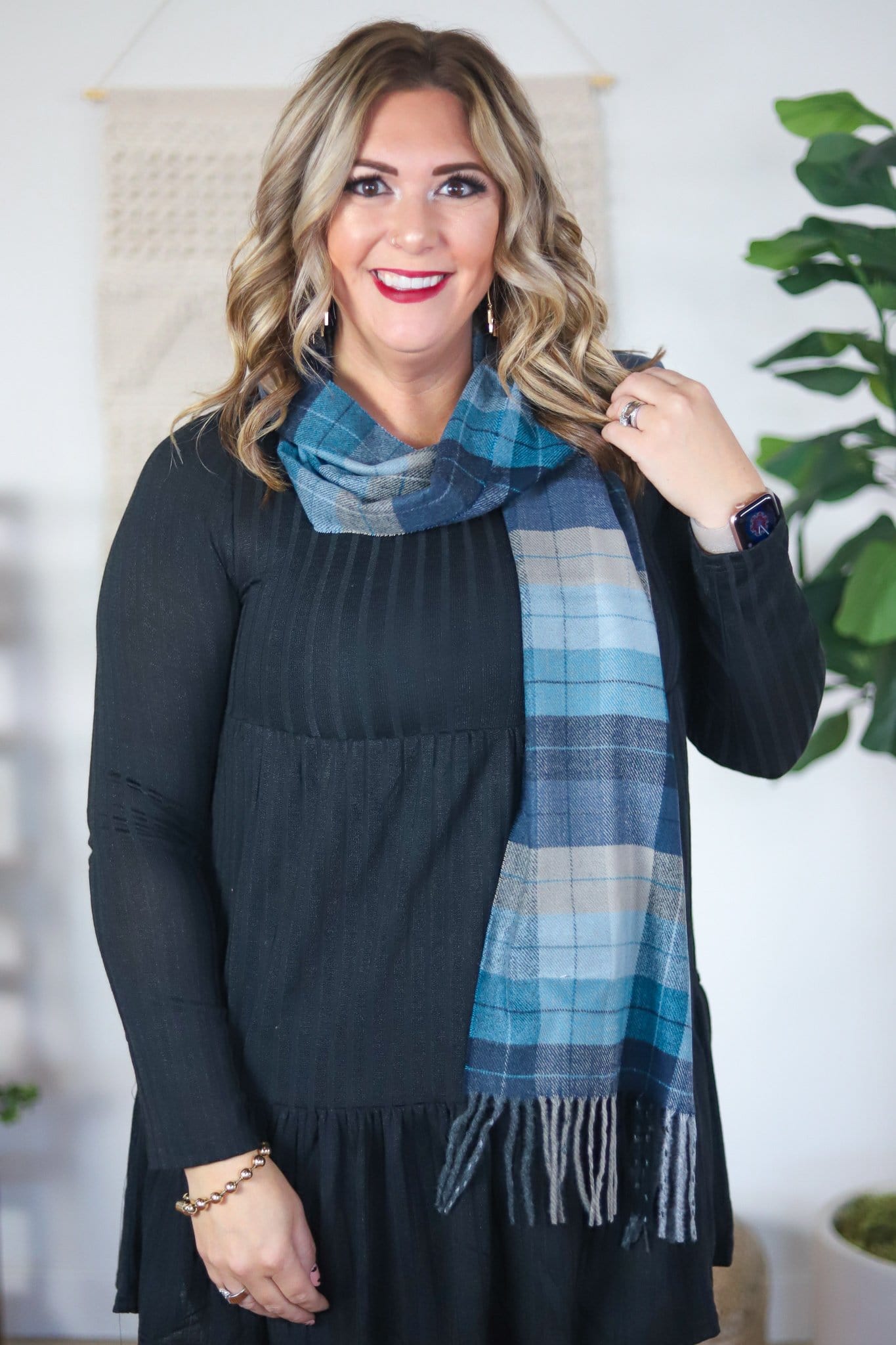 blue tan plaid scarf 