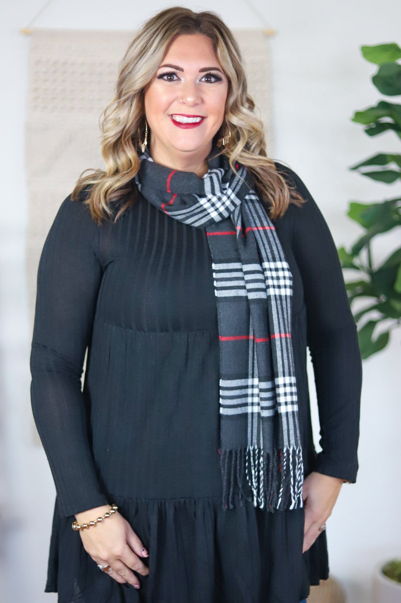 grey white red striped scarf 