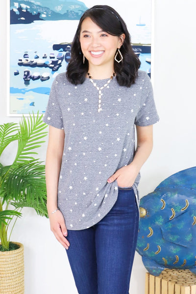 Grey Star Print Crew Neck Top