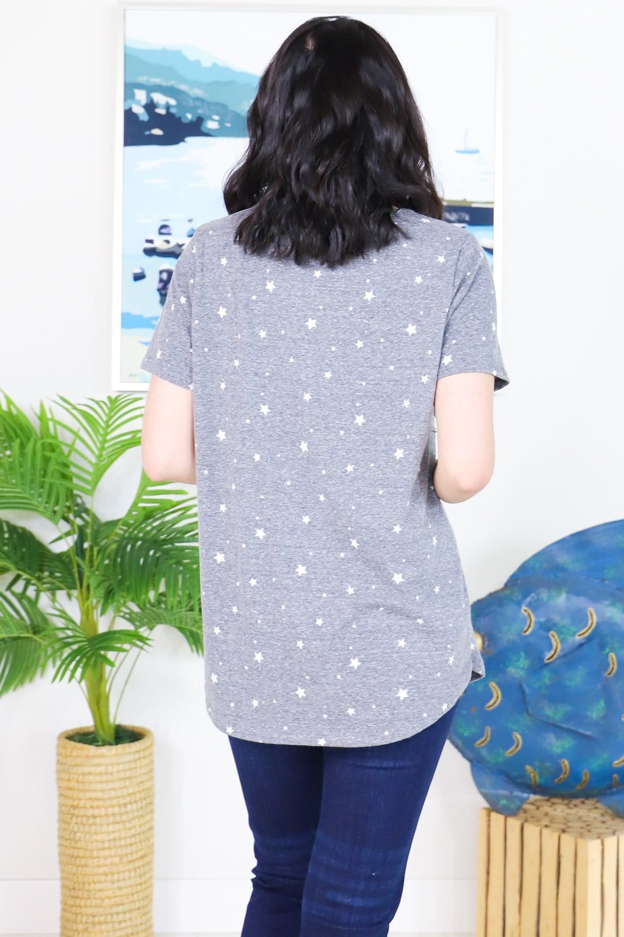 Grey Star Print Crew Neck Top