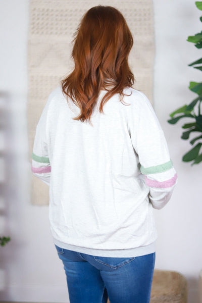 fuzzy varsity style stripe top back