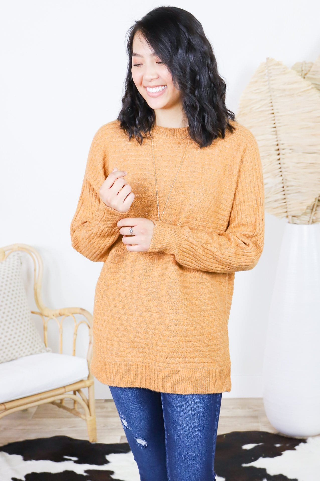 Ribbed Dolman Sleeve Crew Sweater
